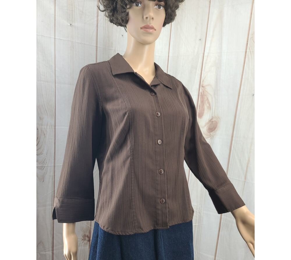 Christopher & Banks Women S Brown Button-Front Blouse 3/4 Sleeve Pointed Collar